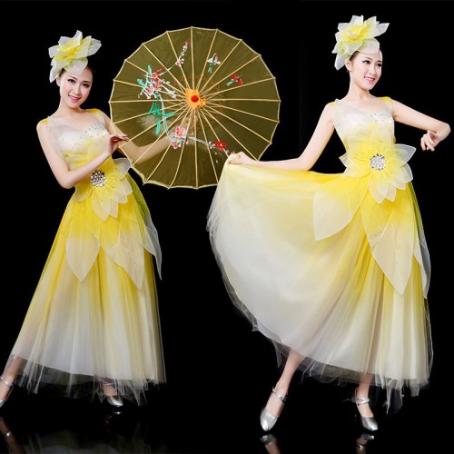 Women's pink flowers chinese folk dance dress modern dance fairy drama cosplay dresses umbdrella fan dance dress